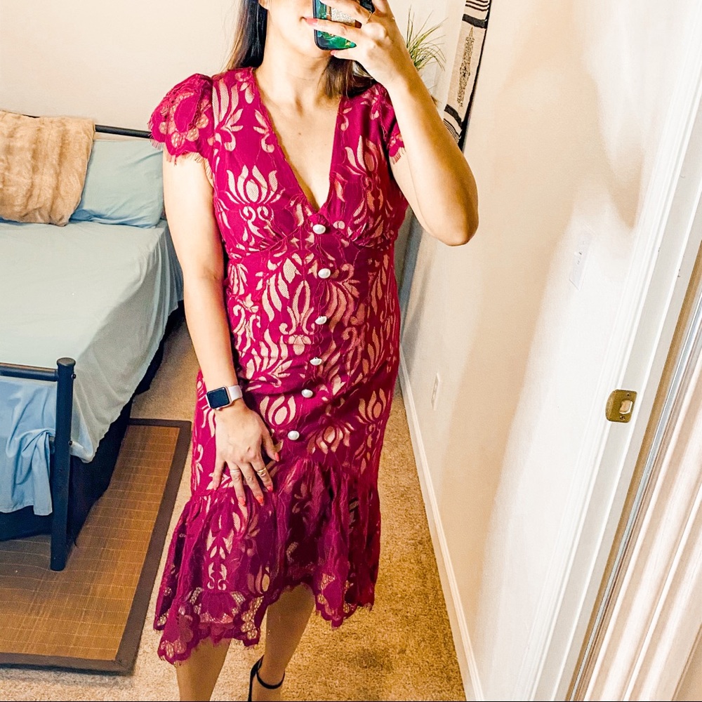 Foxiedox maroon lace midi mermaid cut dress